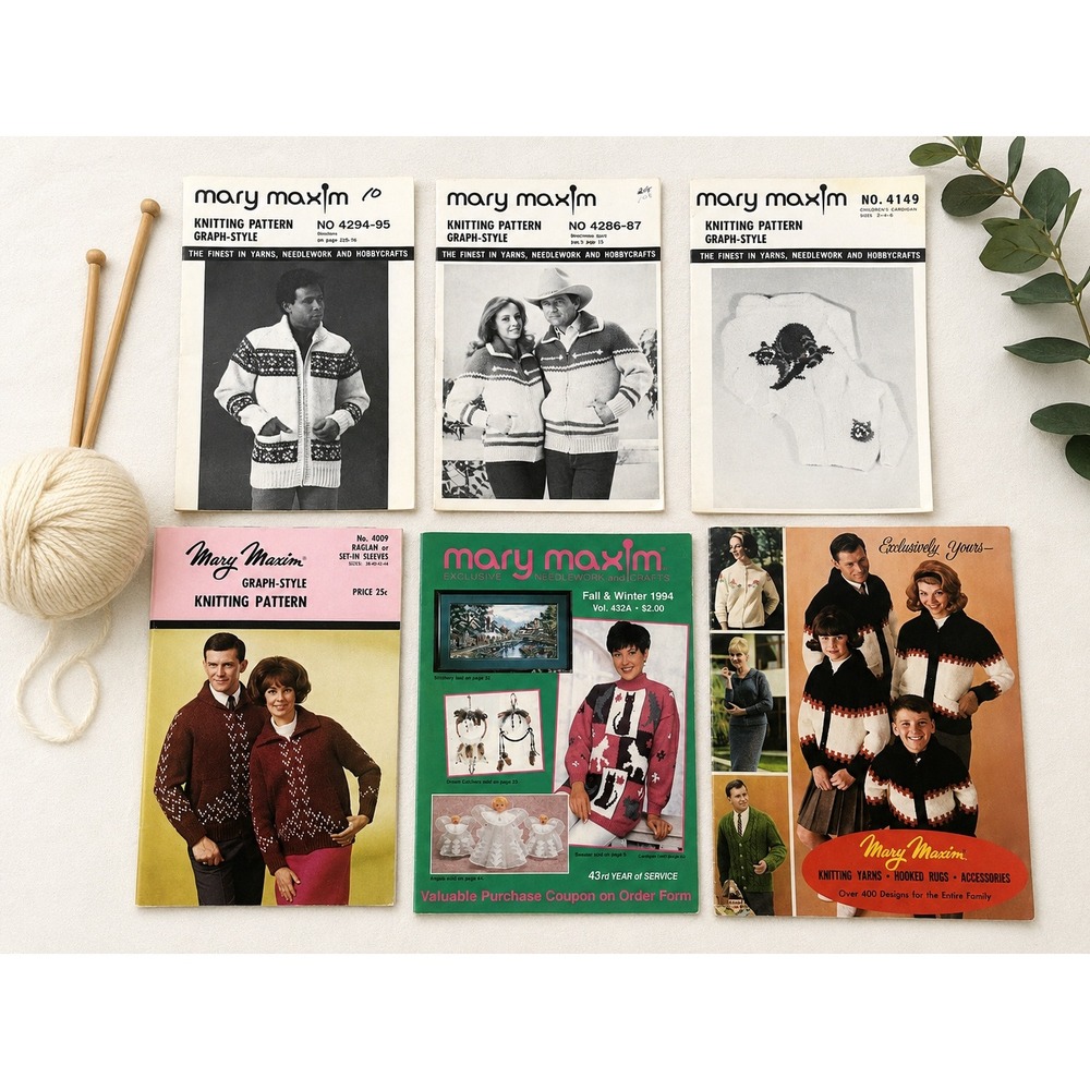 Vintage Mary Maxim Knitting Pattern Lot Sweater Cardigan Wool Ephemera 1950s